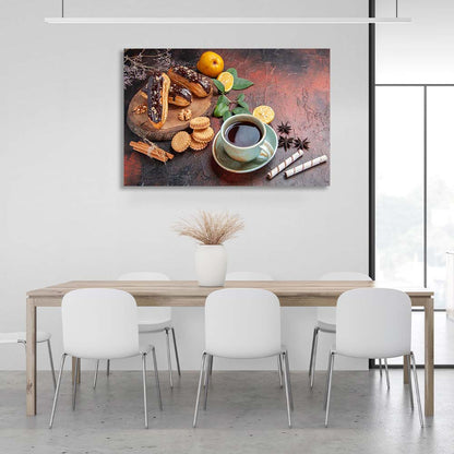 Canvas Wall Art Print For Kitchen Black tea with cinnamon and pastries