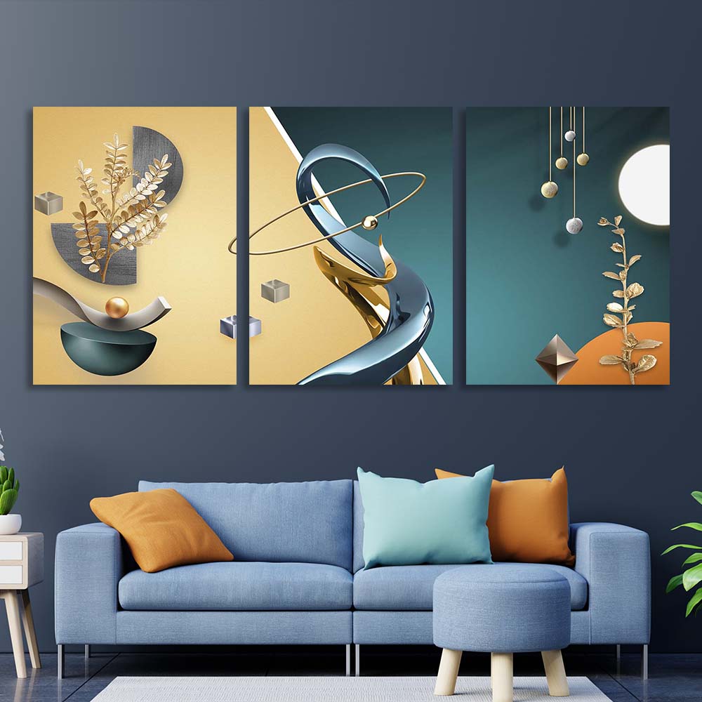 Multi Panel Canvas Wall Art Print Blue-gold abstraction