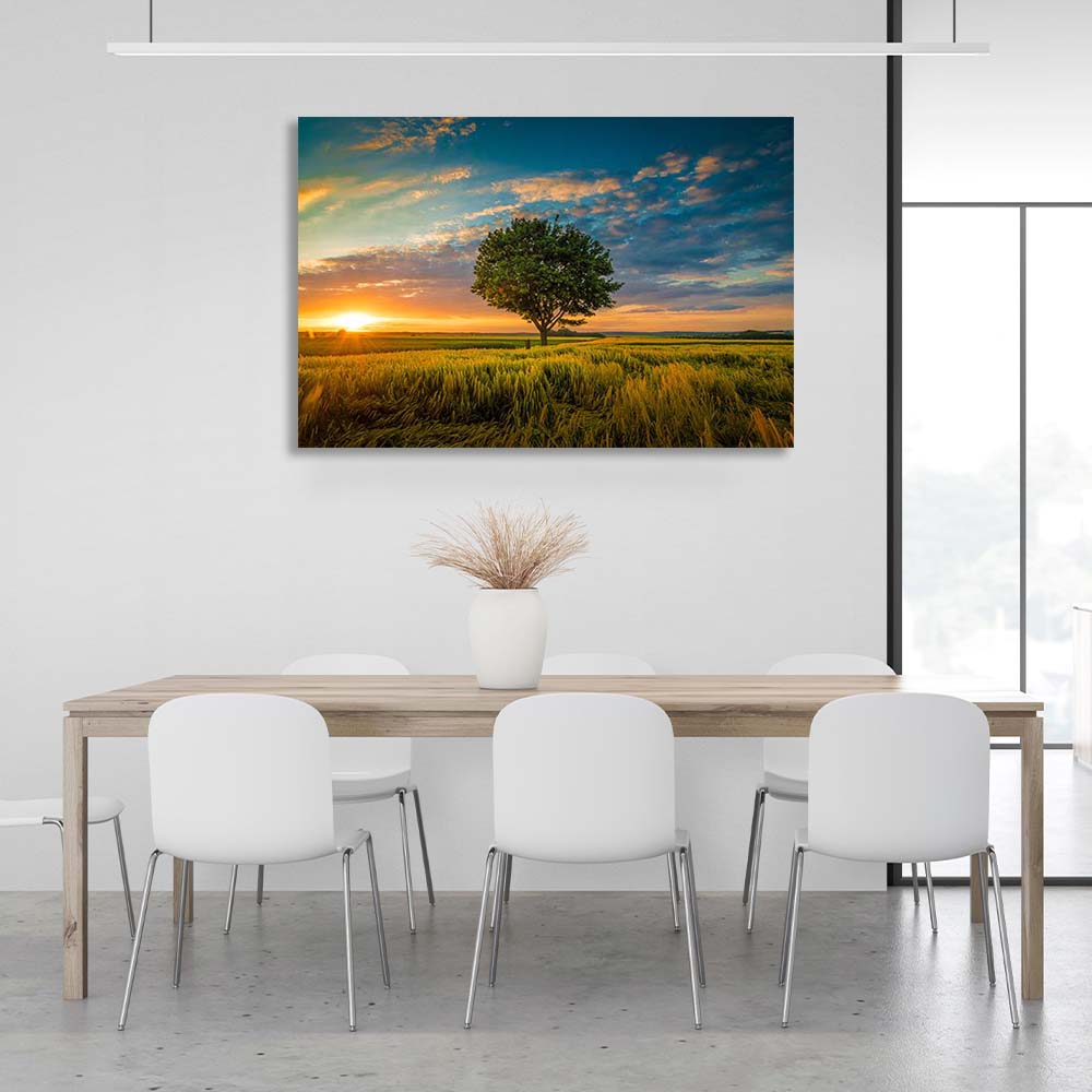 Canvas Wall Art Print Tree in the middle of a field at sunset