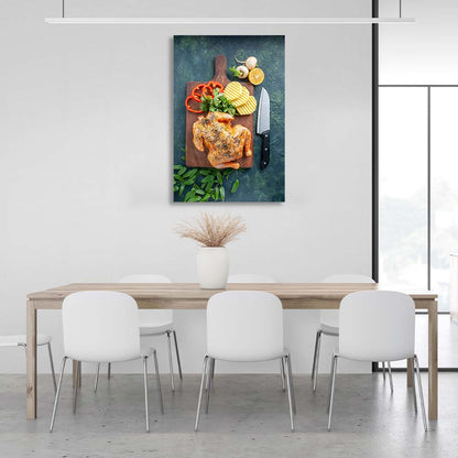 Canvas Wall Art Print For Kitchen Grilled chicken with vegetables on a board