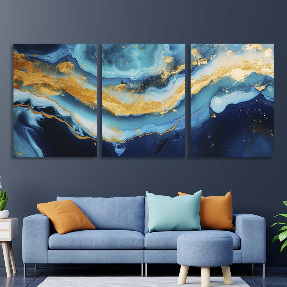 Multi Panel Canvas Wall Art Print Blue marble with gold