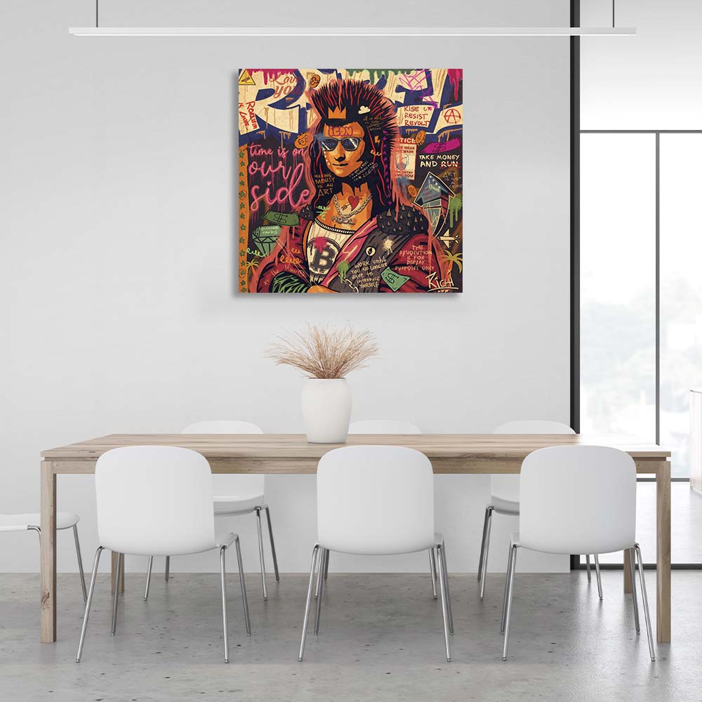 Pop art Gioconda with a Mohawk and bitcoin Canvas Wall Art Print