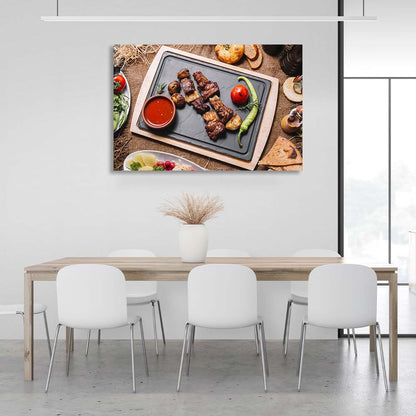 For the kitchen Shish kebab with baked potatoes and peppers Canvas Wall Art Print For Kitchen