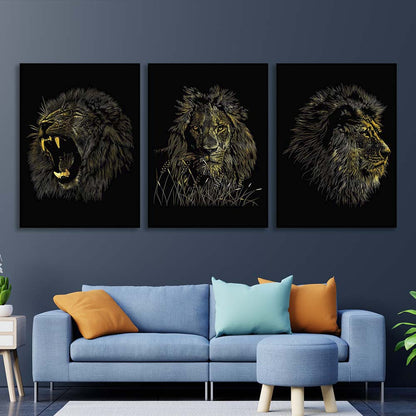 Multi Panel Canvas Wall Art Print Lion's head on a black background