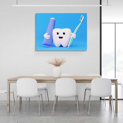 For dentistry tooth with brush and paste on blue background Canvas Wall Art Print