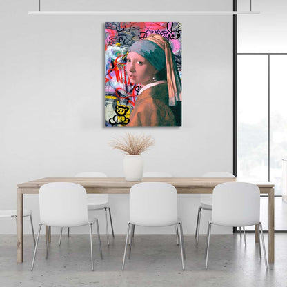 Canvas Wall Art Print Girl with a pearl earring on the background of cracked wall in garffiti