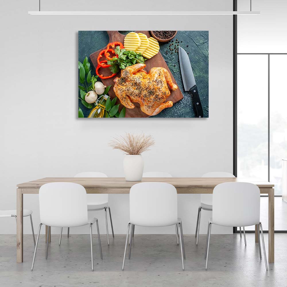 Canvas Wall Art Print For Kitchen Grilled chicken with vegetables on a board horizontal 2