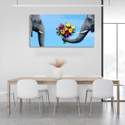 Canvas Wall Art Print Couple of elephants with a bouquet of flowers