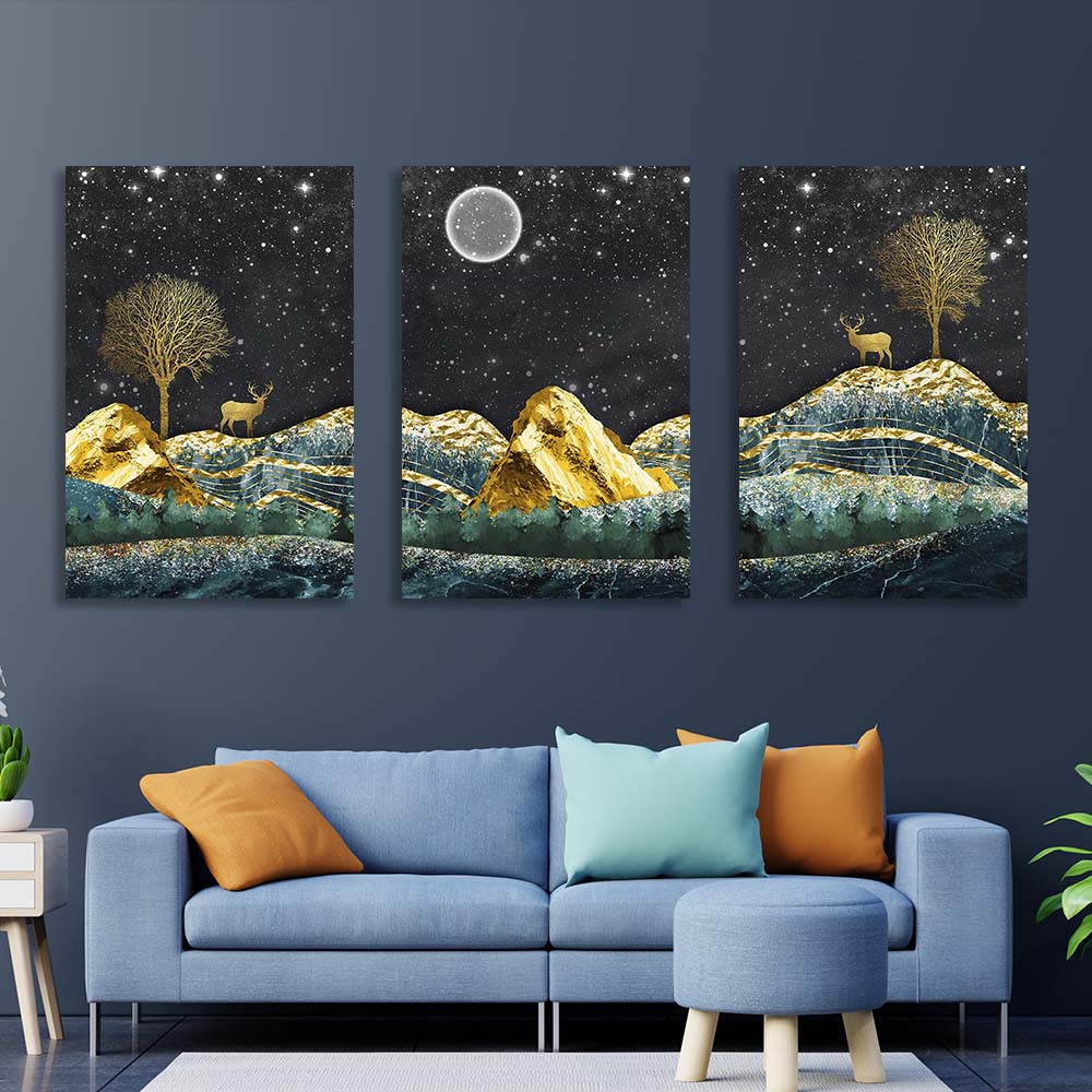 Multi Panel Canvas Wall Art Print Golden deer on the background of the starry sky