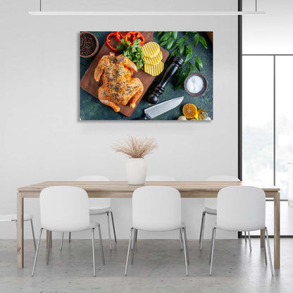 Canvas Wall Art Print For Kitchen Grilled chicken with vegetables on a board horizontal