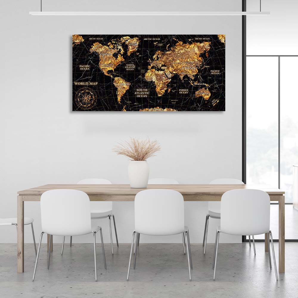 Canvas Wall Art Print Map of the New World black with gold 2