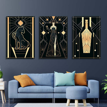 Multi Panel Canvas Wall Art Print Woman, panther and bottle in Art-Deco style