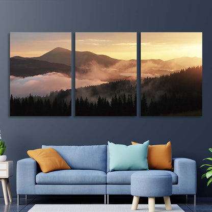 Multi Panel Canvas Wall Art Print Fog in the sunset mountains