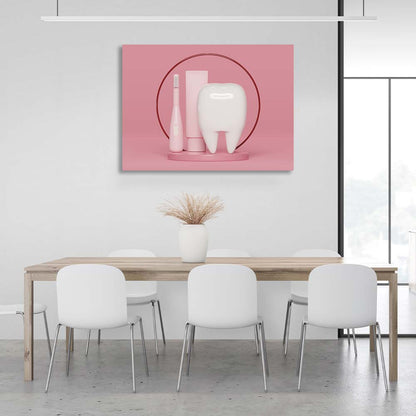 For dentistry tooth with brush and paste on pink background Canvas Wall Art Print