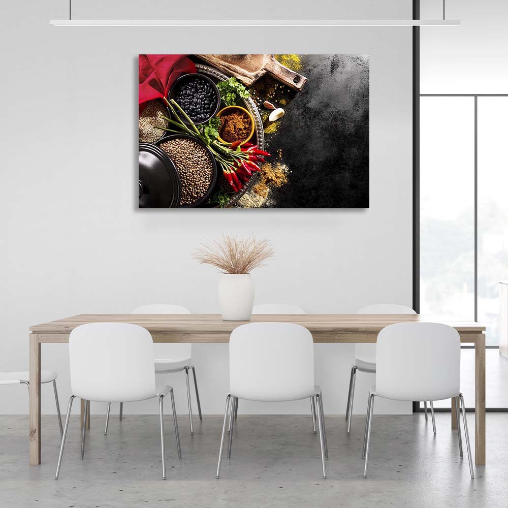 Canvas Wall Art Print For Kitchen Cereals with curry on dark gray background