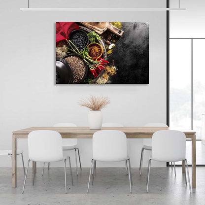 Canvas Wall Art Print For Kitchen Cereals with curry on dark gray background