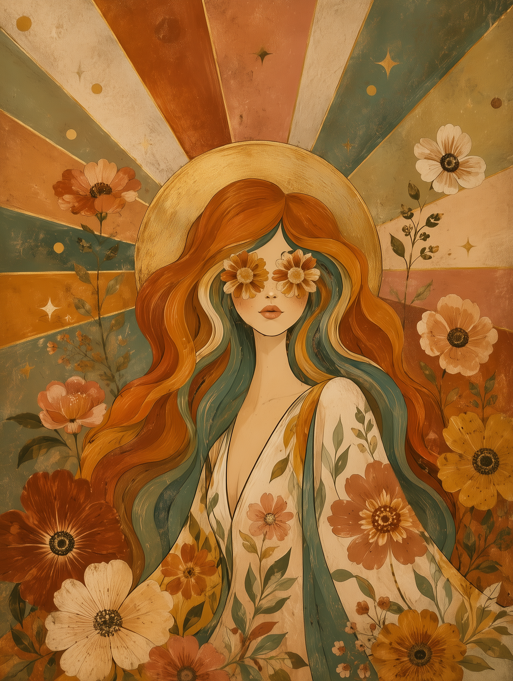 70s Floral Woman Canvas Wall Art – Retro Boho Portrait Print-Floral and Botanical Wall Art