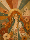 70s Floral Woman Canvas Wall Art – Retro Boho Portrait Print-Floral and Botanical Wall Art