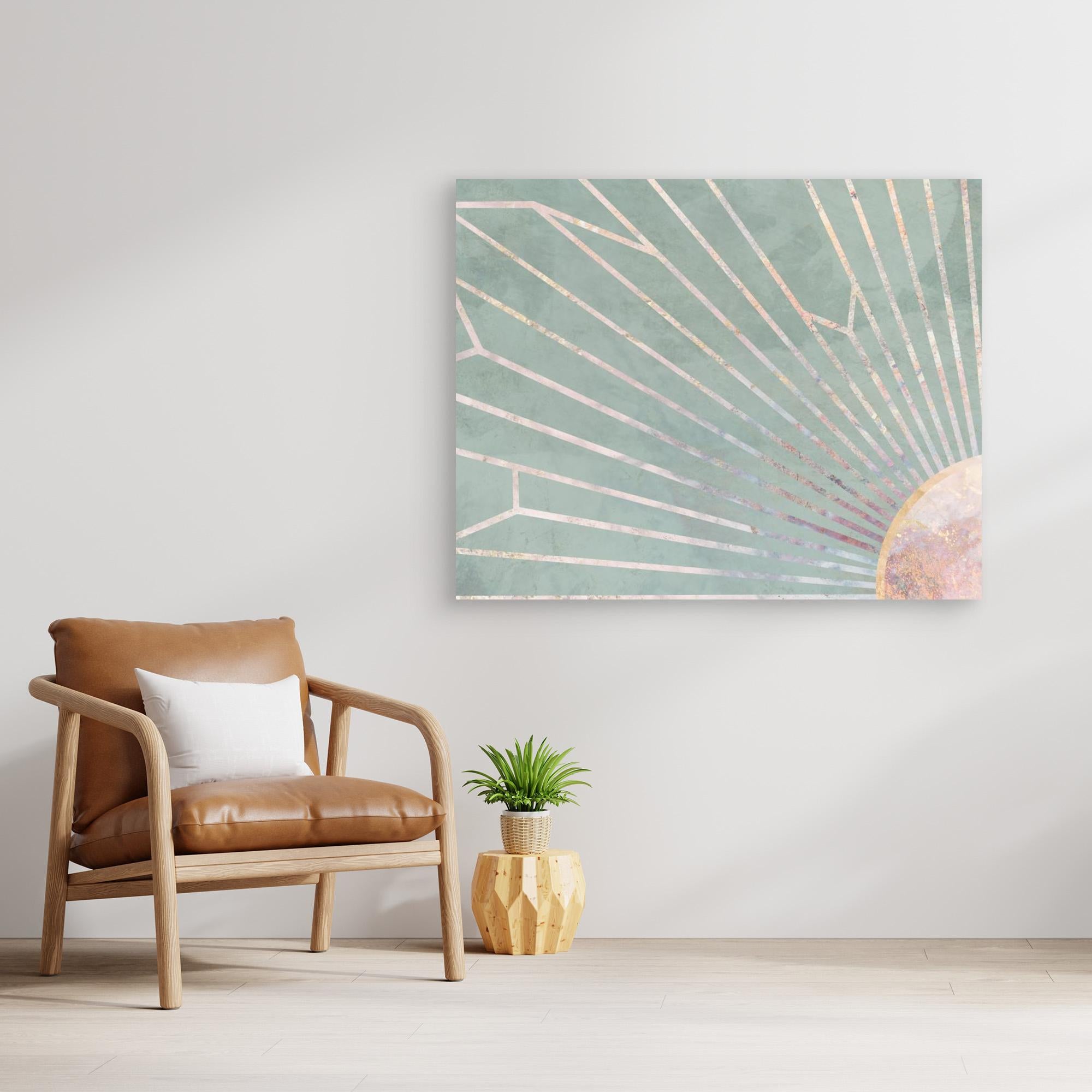 Gold geometric sun rays mural green