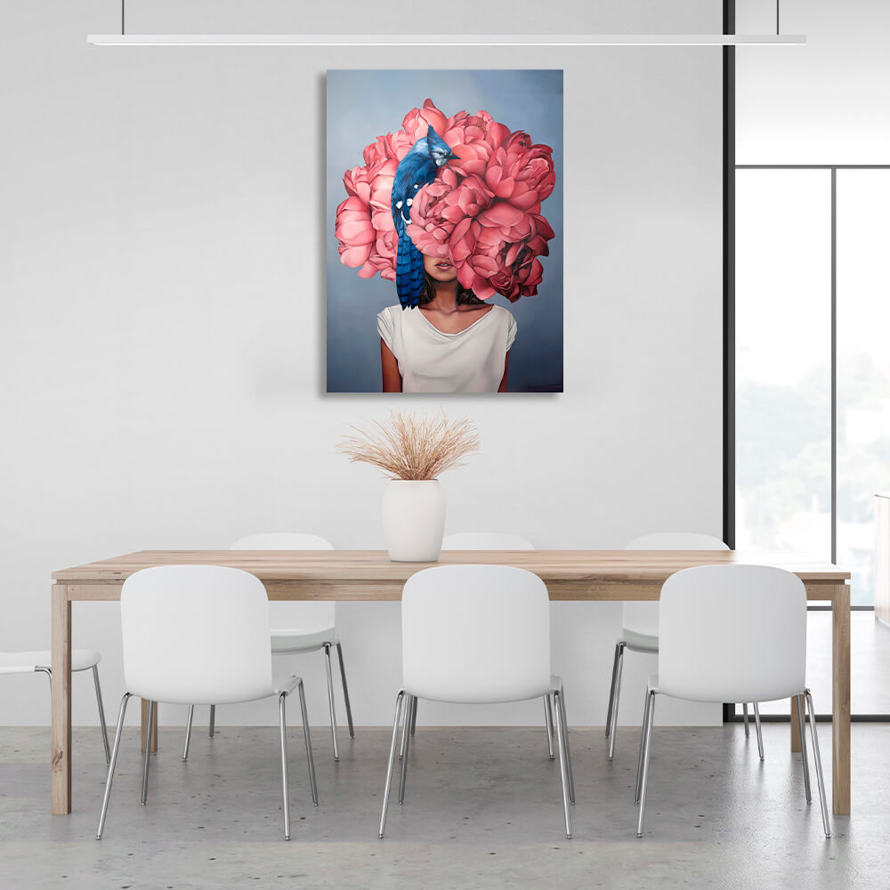 Woman flowers and bird blue with pink Canvas Wall Art Print