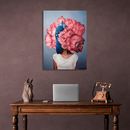 Woman flowers and bird blue with pink Canvas Wall Art Print