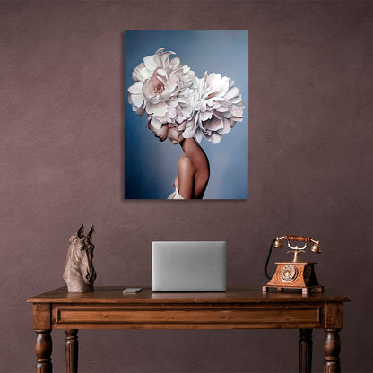 The girl with white flowers on her head is blue Canvas Wall Art Print