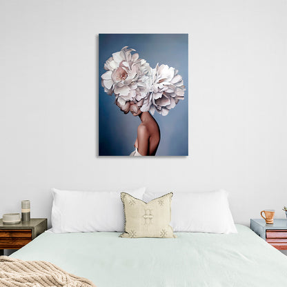 The girl with white flowers on her head is blue Canvas Wall Art Print