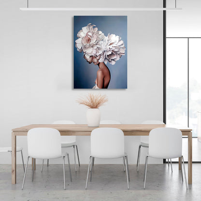 The girl with white flowers on her head is blue Canvas Wall Art Print