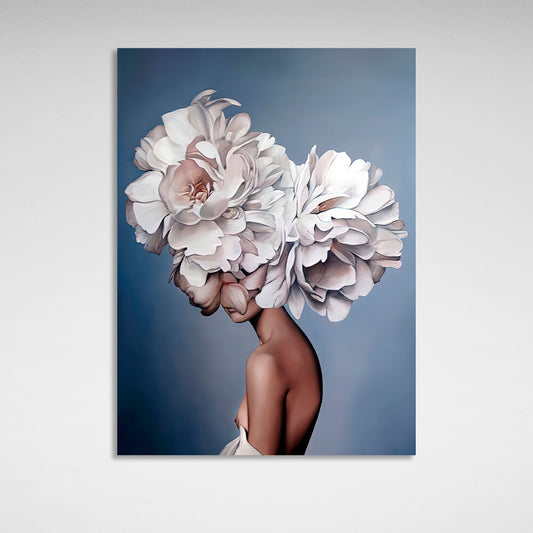 The girl with white flowers on her head is blue Canvas Wall Art Print