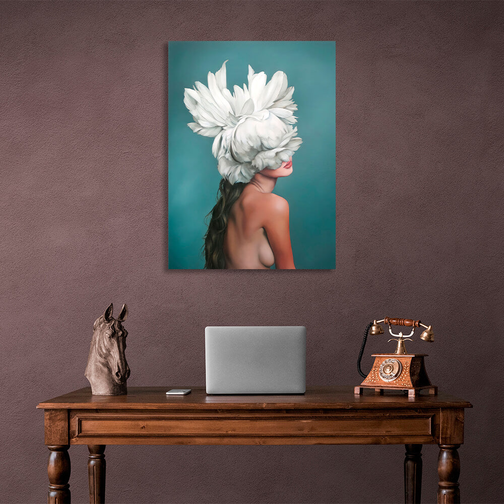 The girl with white flowers on her head is turquoise Canvas Wall Art Print