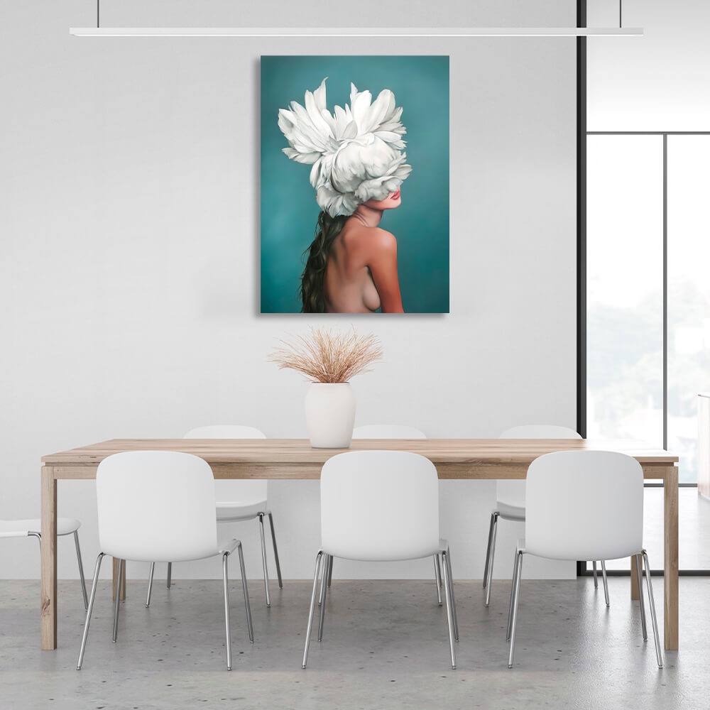 The girl with white flowers on her head is turquoise Canvas Wall Art Print