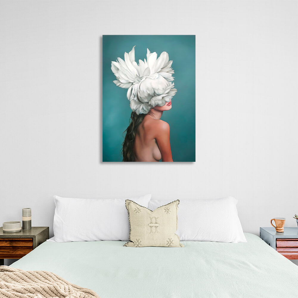 The girl with white flowers on her head is turquoise Canvas Wall Art Print