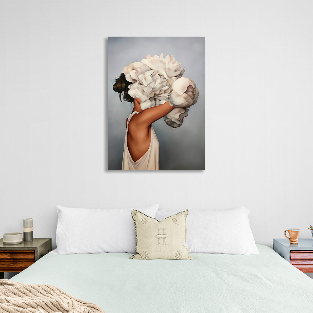 The girl with white flowers on her head is gray Canvas Wall Art Print