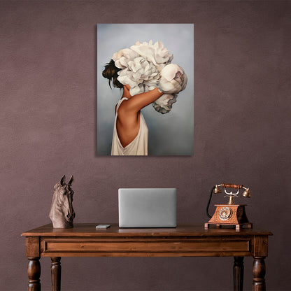 The girl with white flowers on her head is gray Canvas Wall Art Print