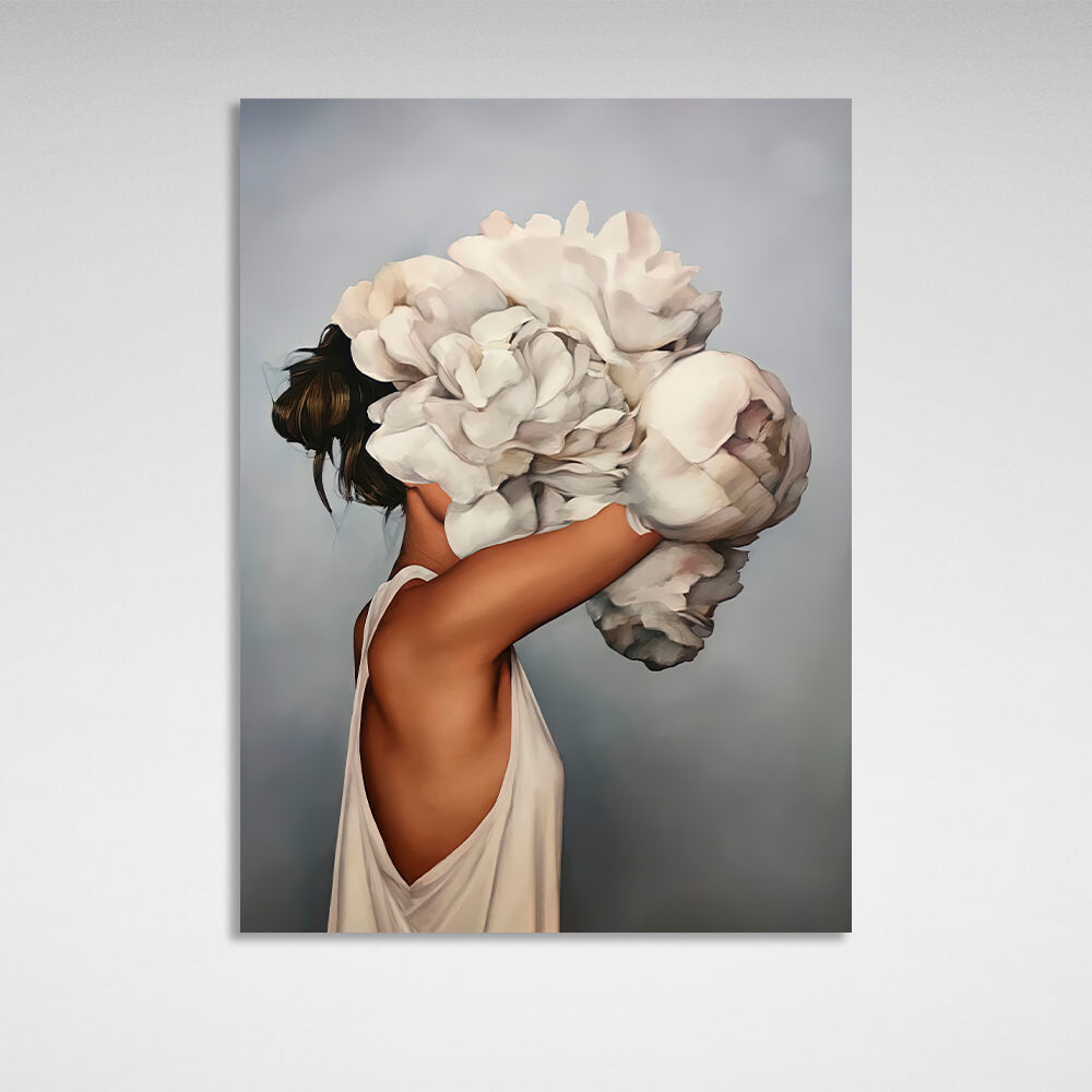 The girl with white flowers on her head is gray Canvas Wall Art Print