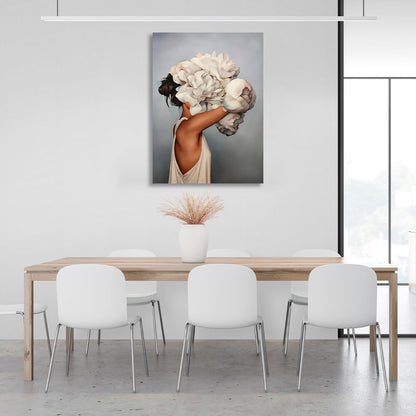 The girl with white flowers on her head is gray Canvas Wall Art Print