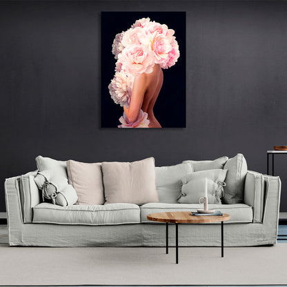 Woman flowers black Canvas Wall Art Print