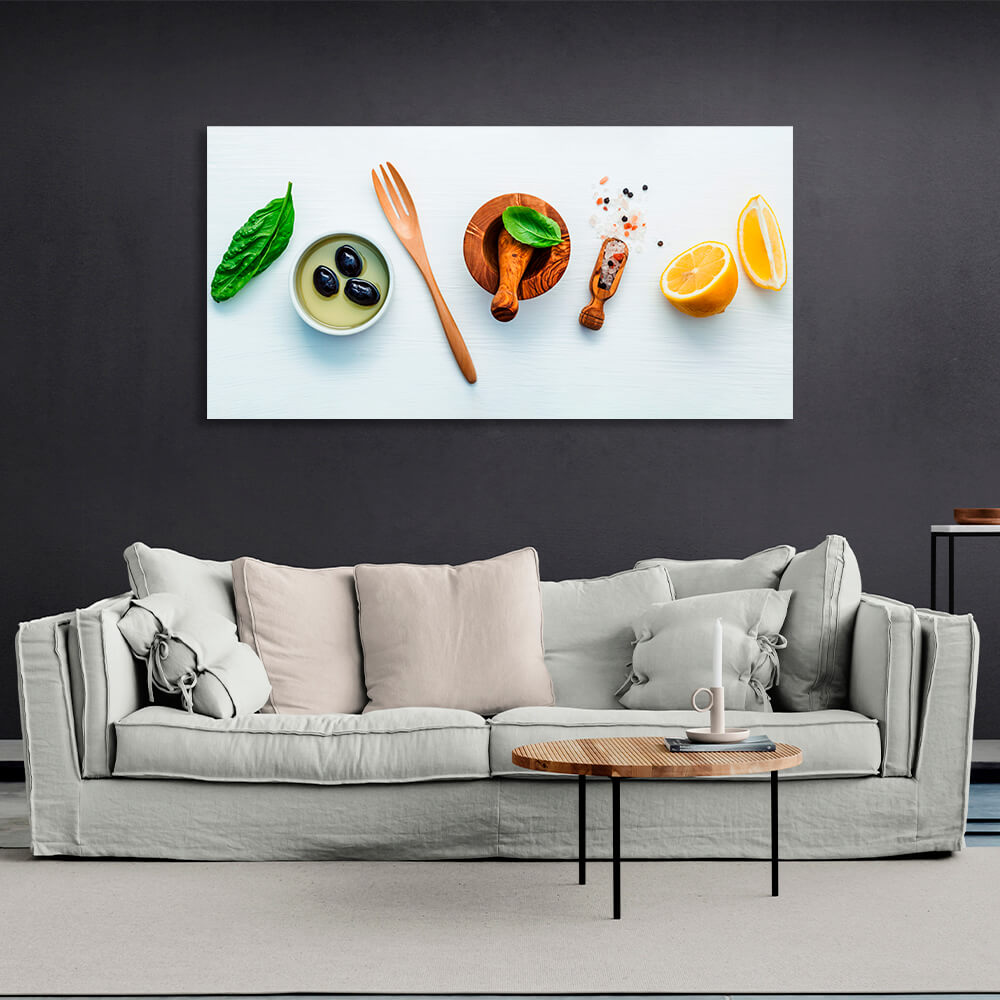 For the kitchen Spices, lemon and olives Canvas Wall Art Print For Kitchen