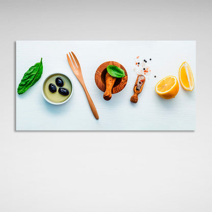 For the kitchen Spices, lemon and olives Canvas Wall Art Print For Kitchen