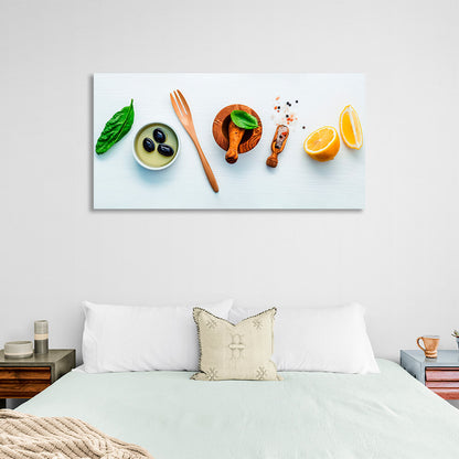 For the kitchen Spices, lemon and olives Canvas Wall Art Print For Kitchen