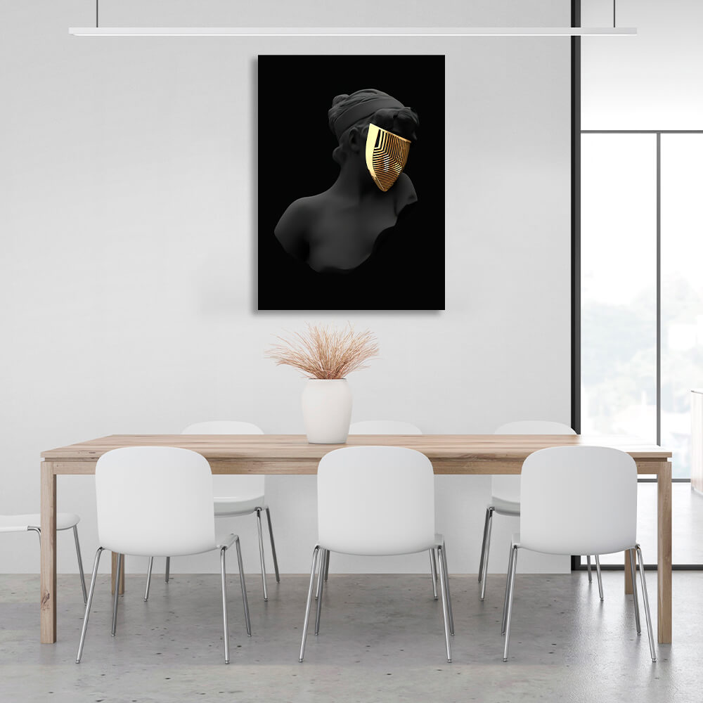 Interior Black statue of a woman wearing a gold mask Canvas Wall Art Print