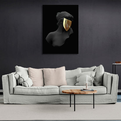 Interior Black statue of a woman wearing a gold mask Canvas Wall Art Print