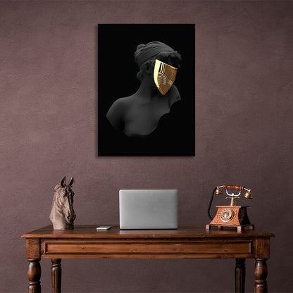 Interior Black statue of a woman wearing a gold mask Canvas Wall Art Print