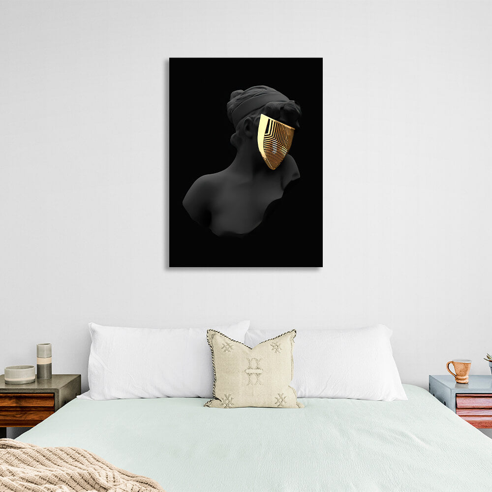 Interior Black statue of a woman wearing a gold mask Canvas Wall Art Print