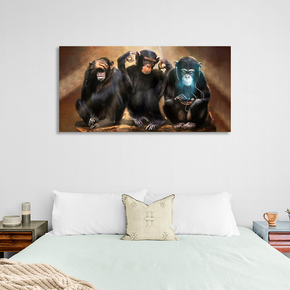 Interior Three monkeys with a cell phone Canvas Wall Art Print