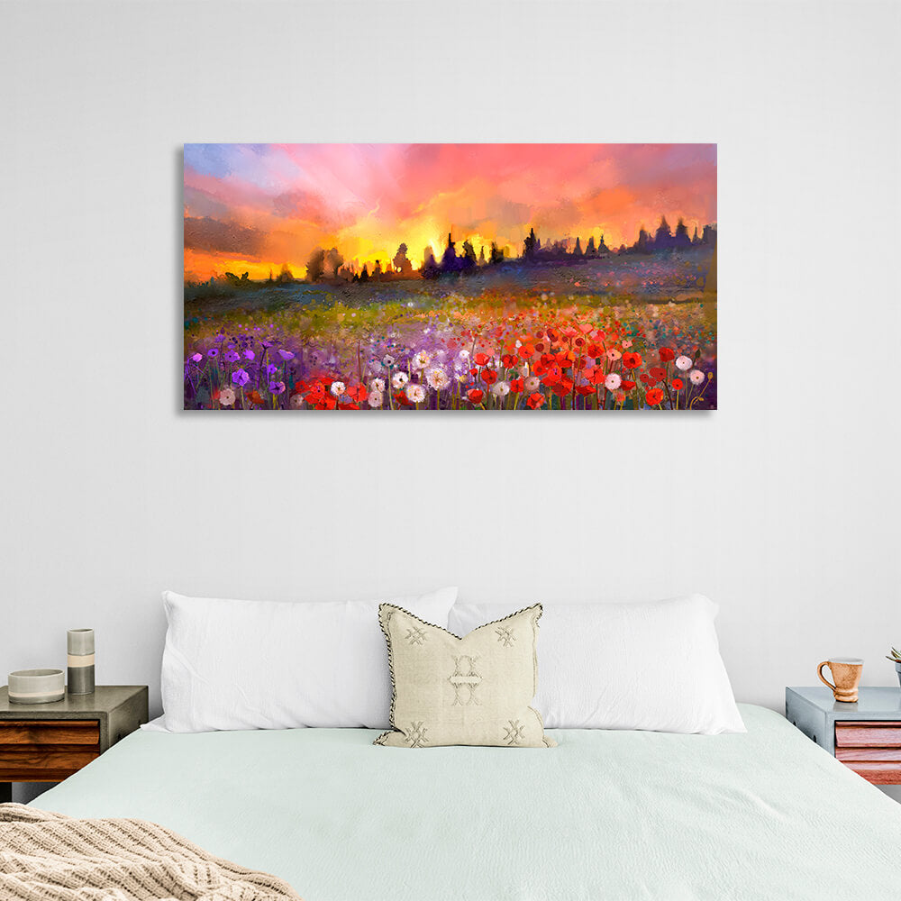 For home Evening field of flowers poppy, dandelion, violet Canvas Wall Art Print