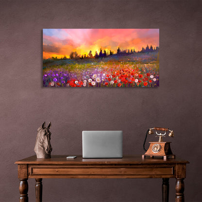 For home Evening field of flowers poppy, dandelion, violet Canvas Wall Art Print