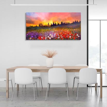 For home Evening field of flowers poppy, dandelion, violet Canvas Wall Art Print