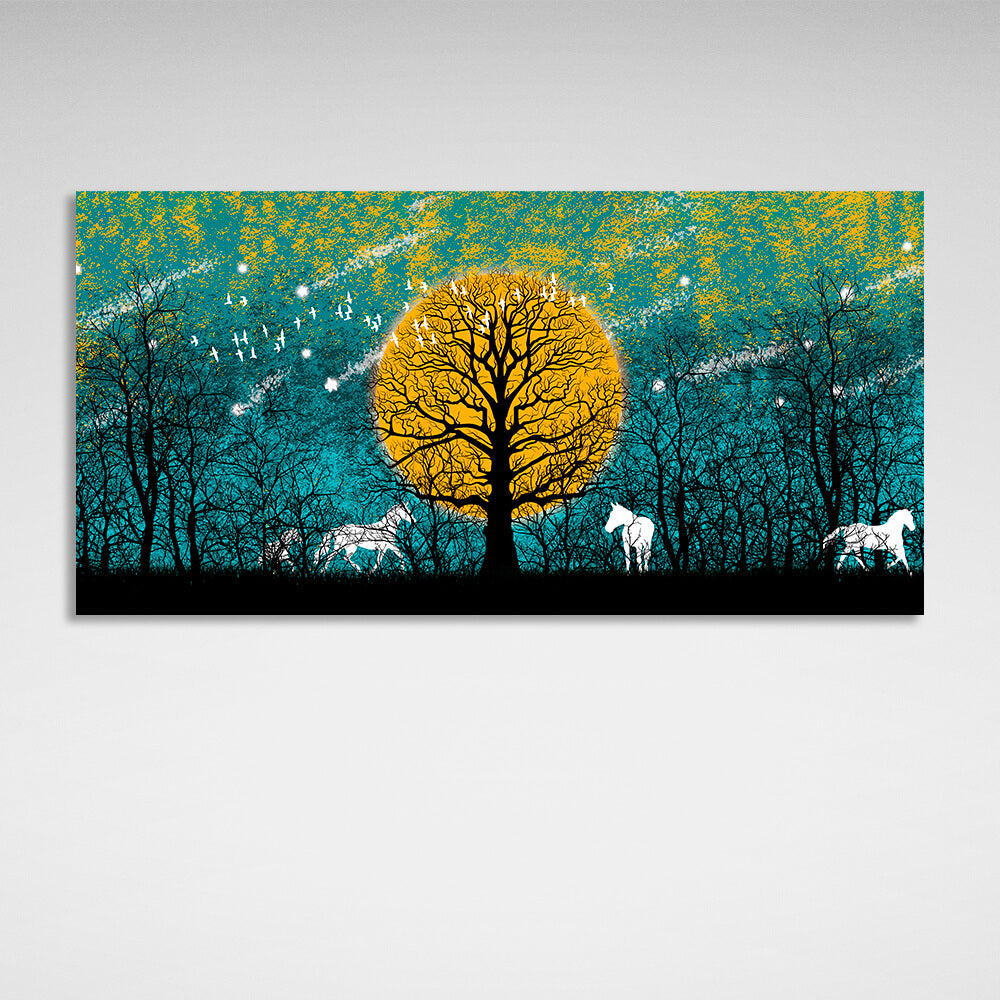 For home Forest, horses and birds Canvas Wall Art Print