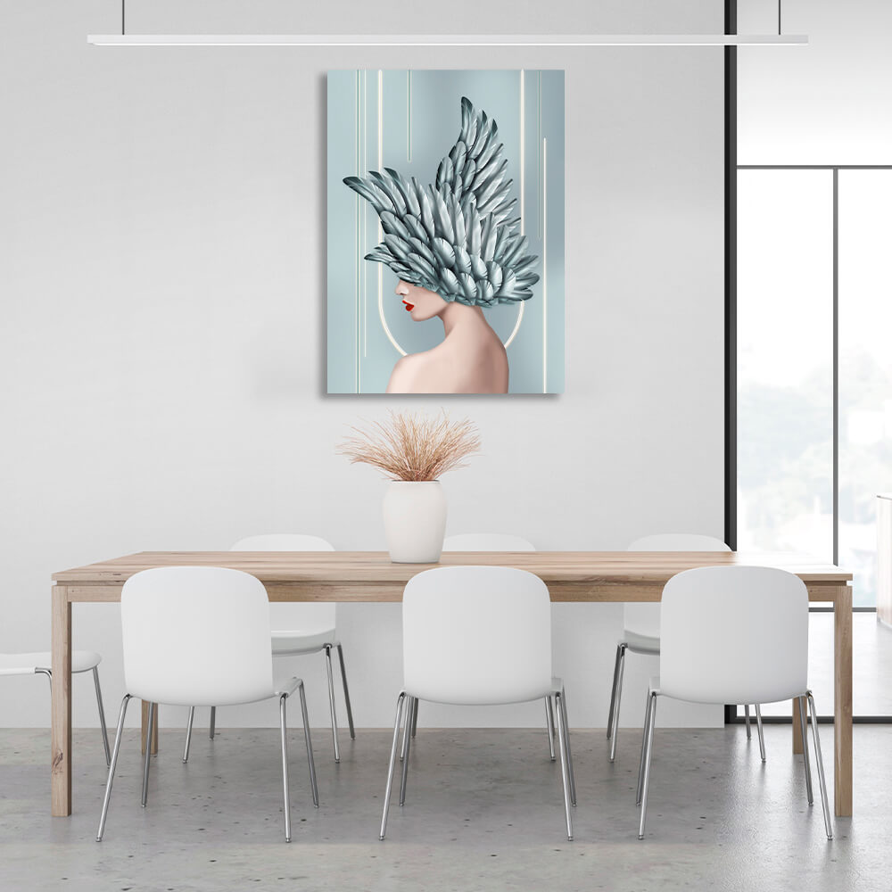 Interior Girl with silver feathers Canvas Wall Art Print